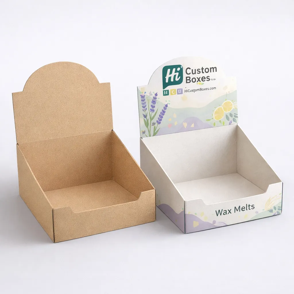 Cardboard counter display units for wax melts, shown in plain brown and custom printed floral styles. class=